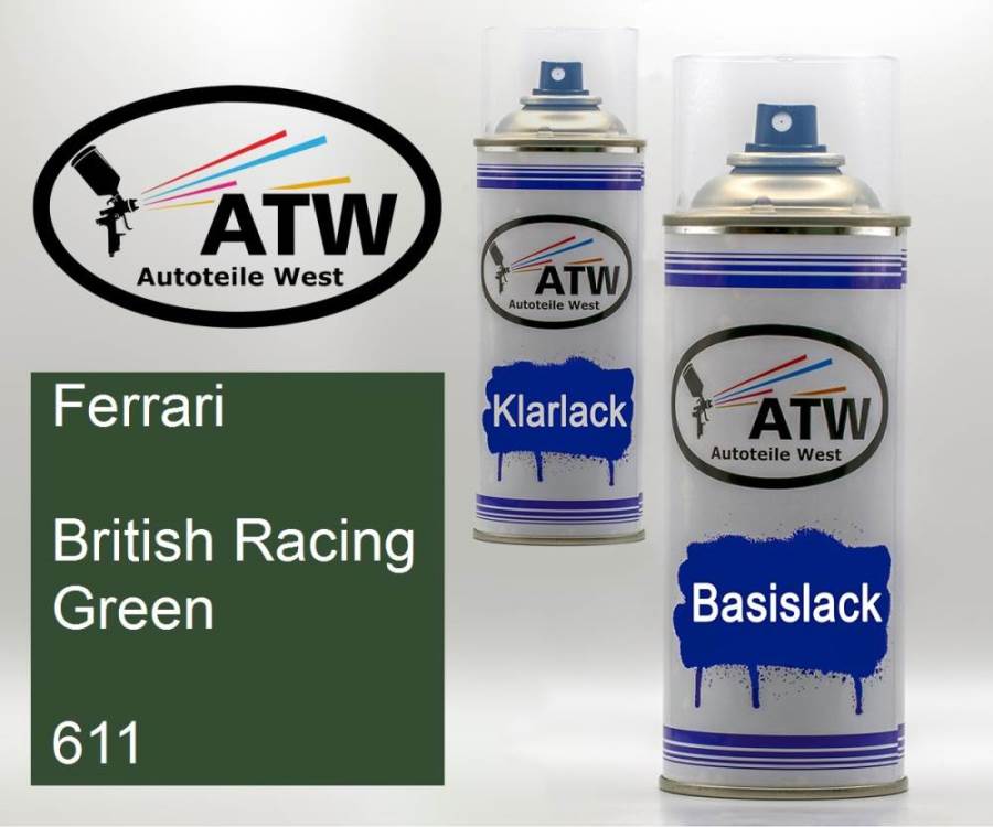 Ferrari, British Racing Green, 611: 400ml Sprühdose + 400ml Klarlack - Set, von ATW Autoteile West.
